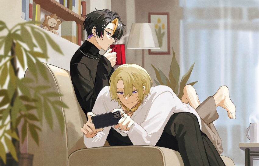 2boys, absurdres, augustus_(luca_kaneshiro), barefoot, black_hair, black_nails, black_pants, black_sweater