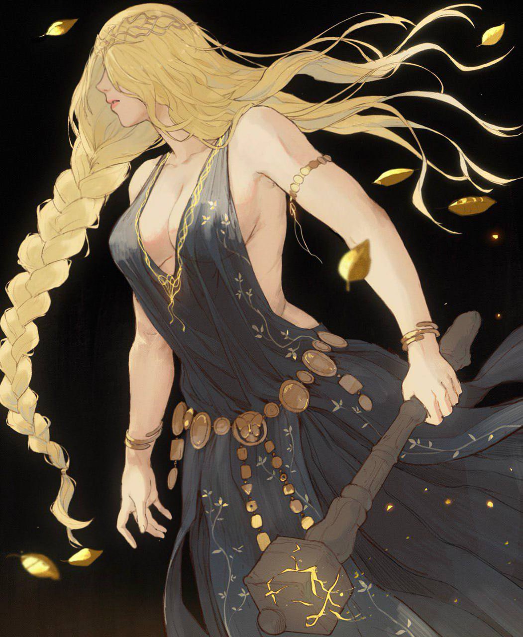 1girl, armlet, bare_shoulders, belt, black_background, black_dress, blonde_hair, bracelet