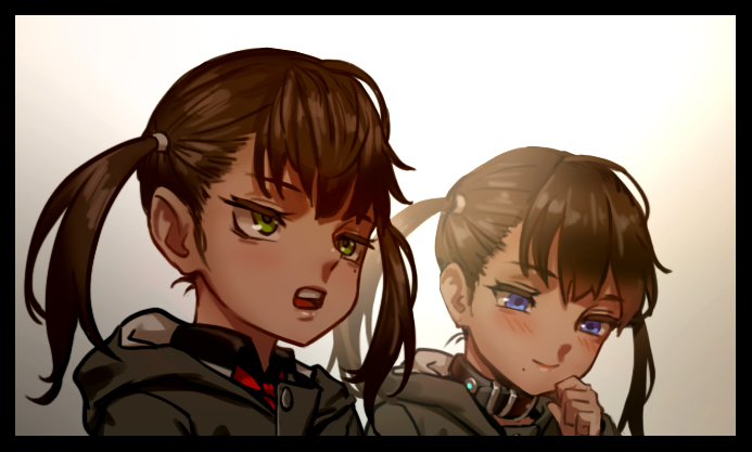 2girls, as109, belt_collar, bikini, black_border, blue_eyes, blush, border