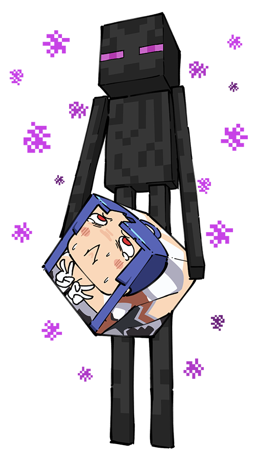 1boy, 1girl, :<, alternate_form, blue_hair, blush_stickers, bodysuit, boxification, breasts, carrying, carrying_person, crossover, enderman, forced, full_body, high_ponytail, minecraft, moaning, parody, ponytail, pun, red_eyes, rolling_eyes, sweat, taimanin_(series), taimanin_asagi, taimanun, tears, trait_connection, transparent_background, v, what, yatsu_murasaki