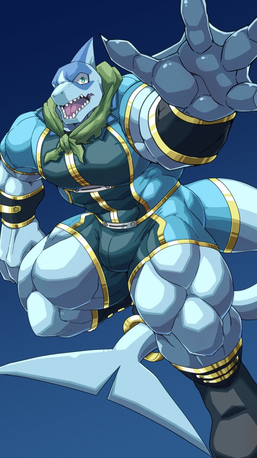 1boy, abs, araba_(shangri-la_frontier), bara, biceps, blue_background, blue_shirt, blue_shorts