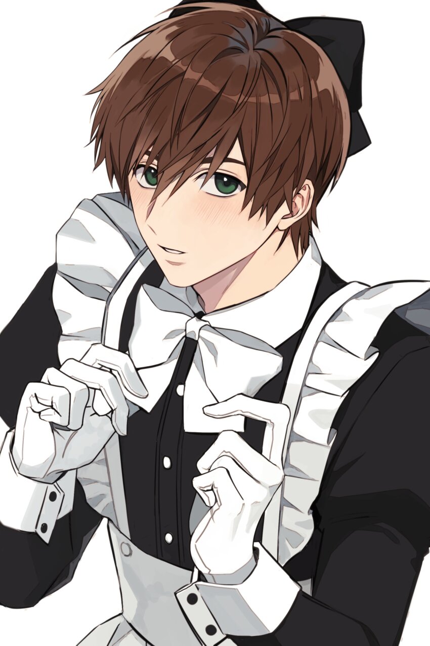 1boy, absurdres, alter_(mabinogi), alternate_costume, apron, black_bow, black_dress, bow, brown_hair, commentary_request, crossdressing, crossdressing_(mtf), dress, enmaided, frilled_apron, frills, gloves, green_eyes, hair_between_eyes, hair_bow, highres, korean_commentary, long_sleeves, mabinogi, maid, maid_apron, male_focus, male_maid, neck_ribbon, parted_lips, ray_(lthenray), ribbon, short_hair, simple_background, sleeve_cuffs, solo, upper_body, white_apron, white_background, white_gloves, white_ribbon