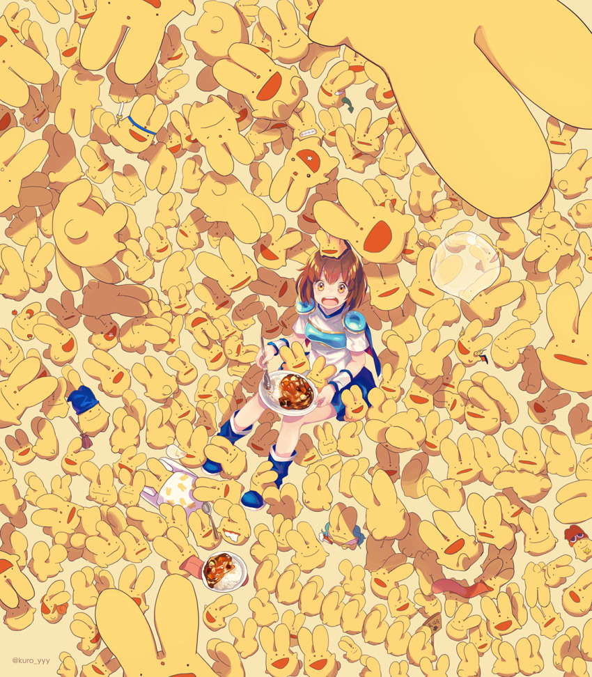 >_<, :d, ahoge, ally_(puyopuyo), ally_(puyopuyo)_(cosplay), amitie_(puyopuyo), amitie_(puyopuyo)_(cosplay), andou_ringo, andou_ringo_(cosplay), arle_nadja, armor, artist_name, beanie, bizarre_rain, blanket, blue_boots, blue_cape, blue_hair, blue_hat, blue_headband, blue_skirt, boots, broom, bubble, cape, carbuncle_(puyopuyo), chest_guard, clenched_teeth, closed_mouth, commentary_request, cosplay, creature_on_head, creature_on_lap, crossed_bandaids, curry, curry_rice, demon_horns, demon_wings, draco_centauros, dragon_tail, drooling, eating, falling, food, frown, fruit, futon, hand_fan, hat, headband, highres, holding, holding_broom, holding_fan, holding_food, holding_fruit, holding_plate, holding_spoon, holding_sword, holding_weapon, horns, kuroda_(kuro_yyy), long_tongue, looking_at_another, looking_at_viewer, looking_up, nose_bubble, o3o, o_o, on_head, on_lap, open_mouth, phrygian_cap, pillow, plate, puckered_lips, puyopuyo, red_hair, red_hat, rice, rulue_(puyopuyo), saliva, satan_(puyopuyo), satan_(puyopuyo)_(cosplay), schezo_wegey, schezo_wegey_(cosplay), shirt, short_sleeves, shoulder_armor, sign, sitting, skirt, smile, spoon, star_(symbol), star_in_mouth, surprised, sword, tail, teeth, tongue, tongue_out, too_many, twitter_username, very_long_tongue, wavy_hair, wavy_mouth, weapon, white_shirt, wings, witch_(puyopuyo), witch_(puyopuyo)_(cosplay), wristband