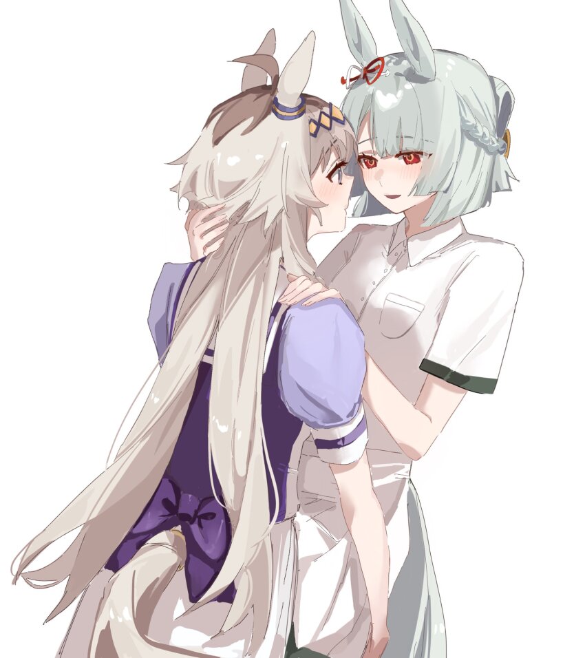 2girls, animal_ears, blonde_hair, blue_hair, blush, collared_shirt, commentary_request, fujimasa_march_(umamusume)