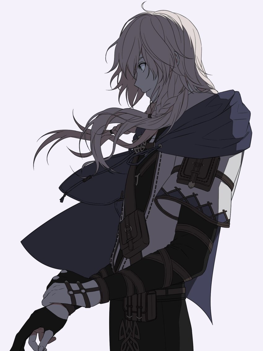 1boy, adjusting_clothes, belt, belt_pouch, black_gloves, black_pants, blonde_hair, blue_cape, braid, cape, chest_strap, closed_mouth, cowboy_shot, floating_hair, from_side, gloves, grey_eyes, highres, layered_sleeves, loiscneach_(mabinogi), long_hair, long_sleeves, looking_ahead, mabinogi, male_focus, open_clothes, open_shirt, pants, parted_bangs, partially_fingerless_gloves, pouch, profile, ray_(lthenray), short_over_long_sleeves, short_sleeves, side_braid, simple_background, solo, standing, white_background