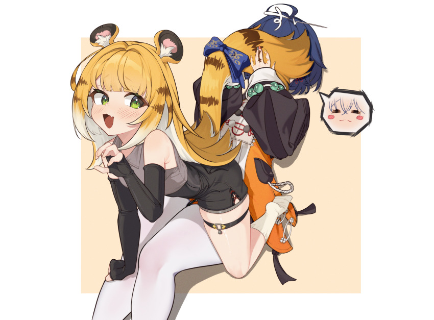 2girls, absurdres, ahoge, animal_ear_fluff, animal_ears, animal_print, armpit_peek, belle_(zenless_zone_zero), black_gloves, blue_bow, blue_hair, blue_nails, blush, blush_stickers, border, bow, bracelet, breasts, brown_hair, chinese_clothes, closed_eyes, closed_mouth, collared_shirt, elbow_gloves, fang, feet, fingerless_gloves, gloves, green_eyes, grey_shirt, hand_on_another_tail, high-waist_shorts, highres, jewelry, ju_fufu, long_hair, looking_at_another, maru039, multicolored_hair, multicolored_nails, multiple_girls, nail_polish, orange_background, orange_hair, outside_border, pantyhose, paw_pose, red_nails, shirt, shorts, sitting, skin_fang, sleeveless, sleeveless_shirt, small_breasts, smile, socks, speech_bubble, streaked_hair, tail, tail_bow, tail_on_face, tail_ornament, thigh_strap, thighs, tiger_ears, tiger_girl, tiger_print, tiger_tail, tongue, very_long_hair, white_border, white_hair, white_pantyhose, white_socks, yellow_nails, zenless_zone_zero