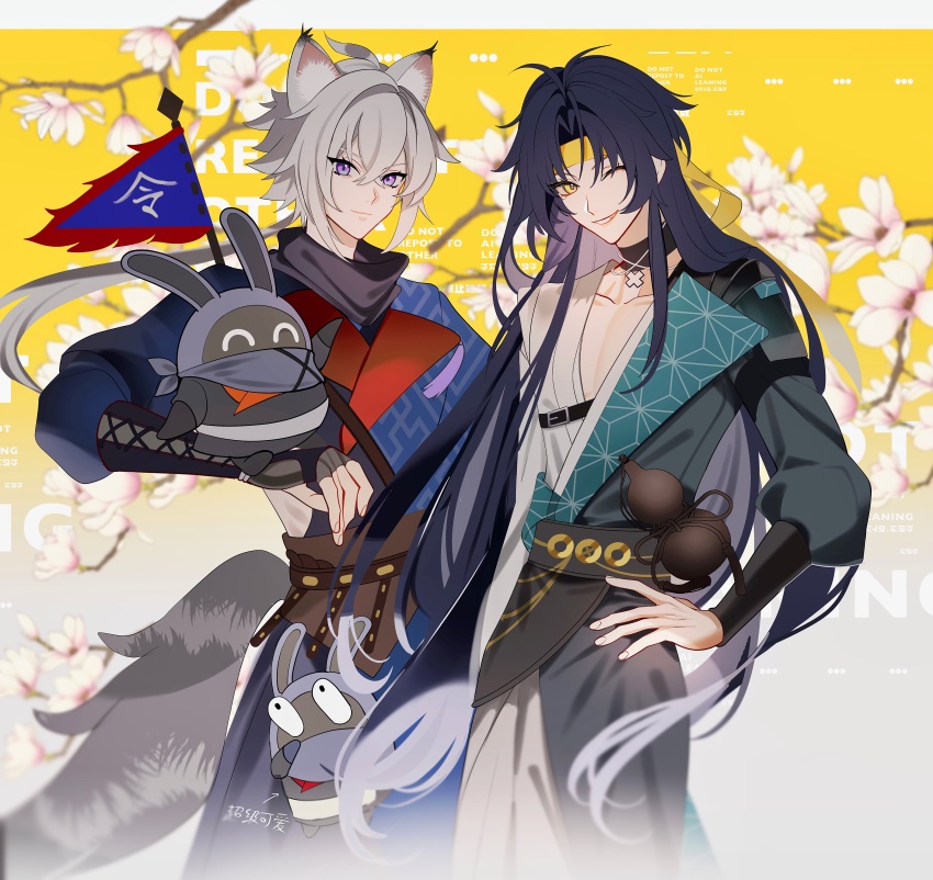 2boys, absurdres, animal_ears, asaba_harumasa, bangboo_(zenless_zone_zero), belt, black_belt, black_choker, black_hair, cat_boy, cat_ears, cat_tail, chinese_clothes, choker, creature_on_arm, floral_background, flower, hand_on_own_hip, headband, highres, long_hair, looking_at_viewer, multiple_boys, naru9, official_alternate_costume, official_alternate_hair_length, official_alternate_hairstyle, one_eye_closed, purple_eyes, seth_lowell, single_pennant, smile, tail, very_long_tail, white_hair, yellow_background, yellow_eyes, yellow_headband, zenless_zone_zero