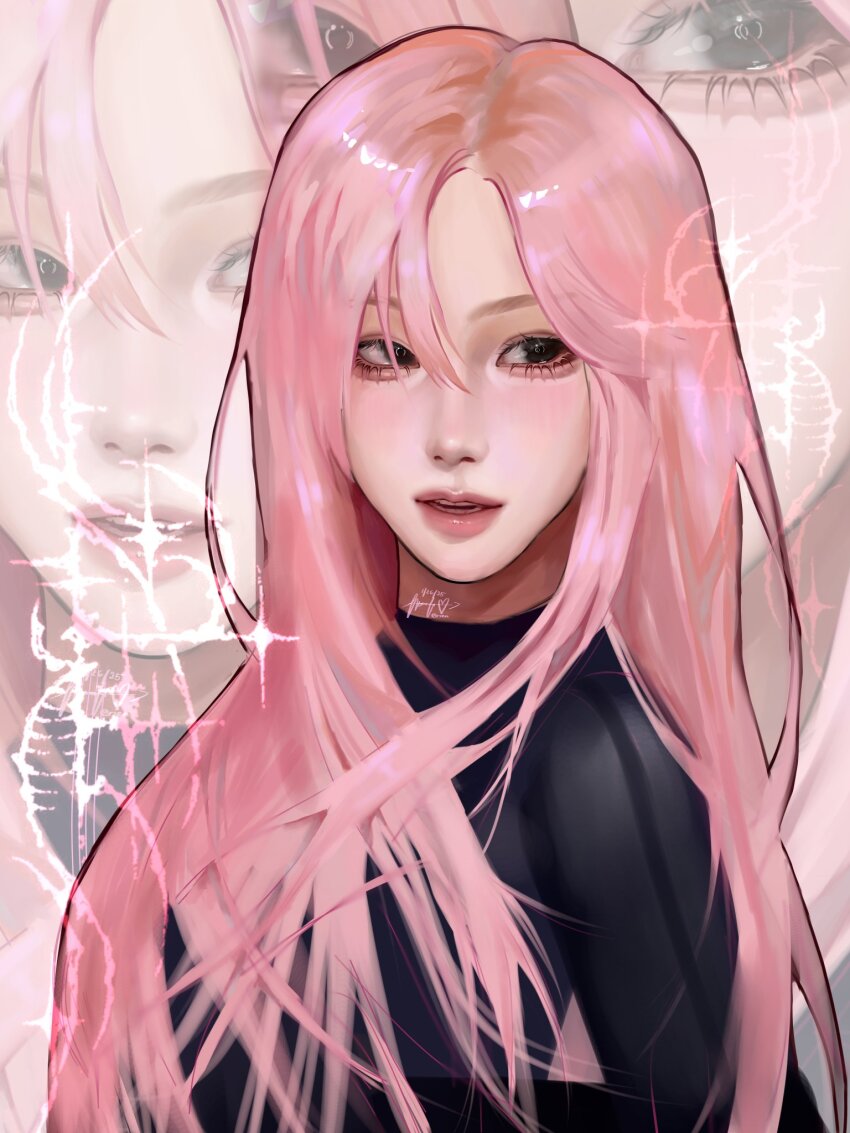 1girl, aespa, black_eyes, cchimeii, eyelashes, giselle_(aespa), hair_between_eyes, hashtag-only_commentary, highres, k-pop, long_hair, long_sleeves, looking_to_the_side, parted_lips, pink_hair, pink_lips, real_life, solo, sparkle, upper_body