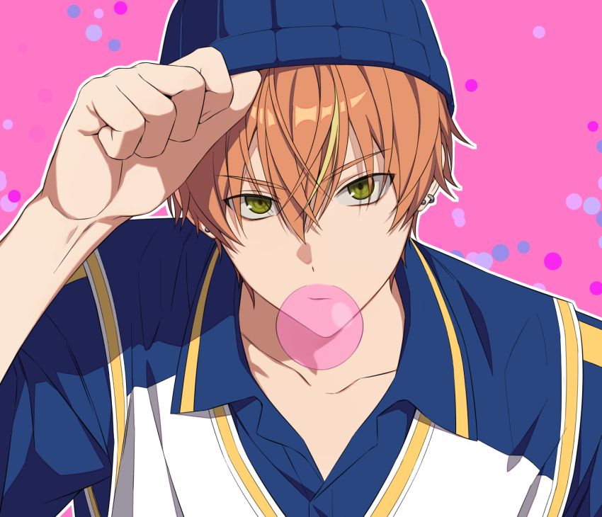 1boy, alternate_costume, arm_up, beanie, blonde_hair, blue_hat, chewing_gum, closed_mouth