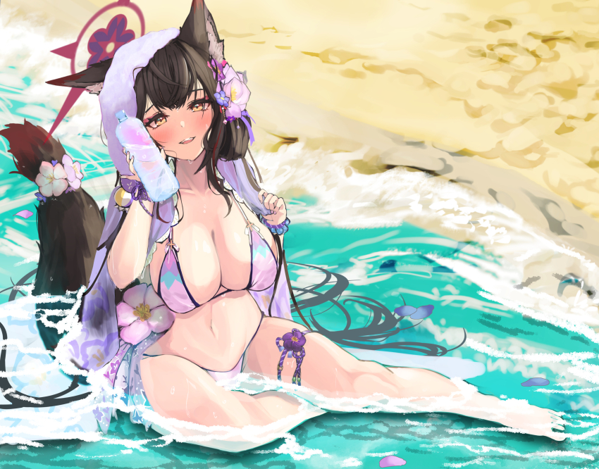 1girl, animal_ear_fluff, barefoot, bikini, black_hair, blue_archive, blush, bottle