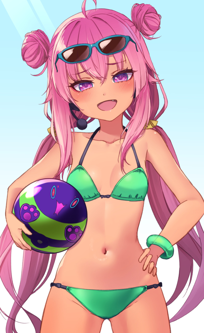 1girl, ahoge, ball, bemani, bikini, blue-framed_eyewear, breasts, collarbone