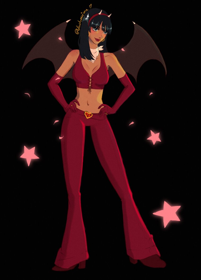 1girl, black_background, black_hair, blue_eyes, blueberriena, blunt_bangs, commentary, elbow_gloves