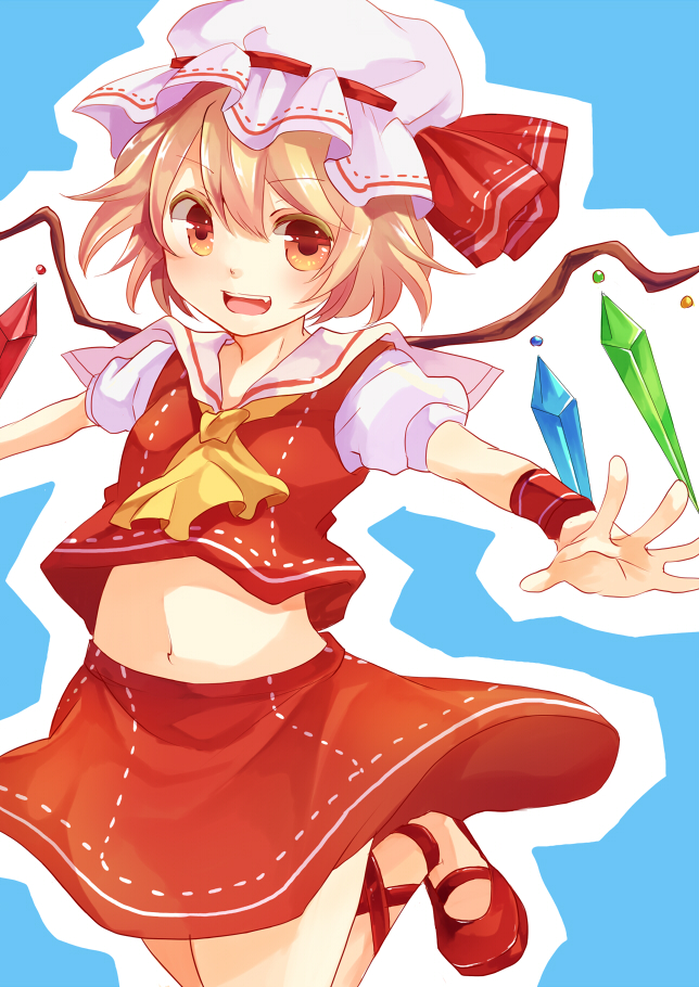 1girl, ascot, bad_id, bad_pixiv_id, blonde_hair, fang, female_focus, flandre_scarlet