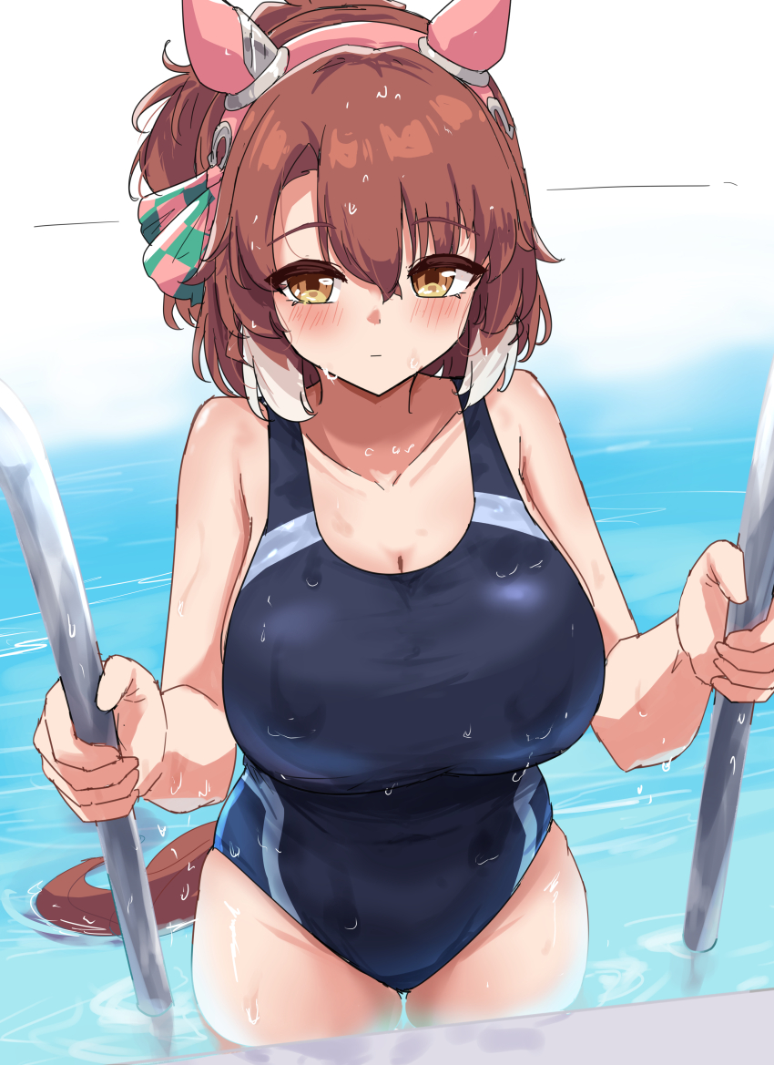 1girl, absurdres, animal_ears, blue_one-piece_swimsuit, bow, breasts, brown_hair, dantsu_flame_(umamusume)