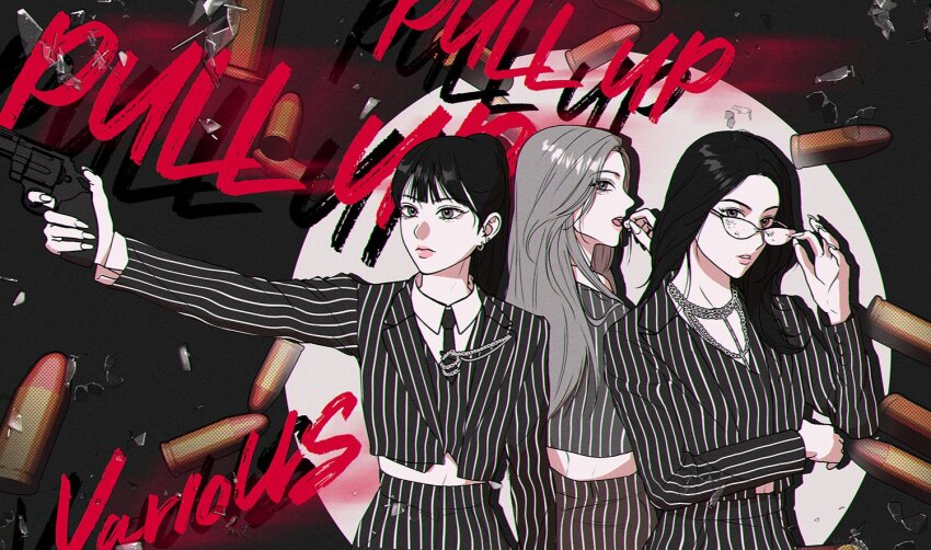 3girls, album_name, blunt_bangs, bullet, collared_shirt, eunha_(gfriend), formal_clothes, gfriend