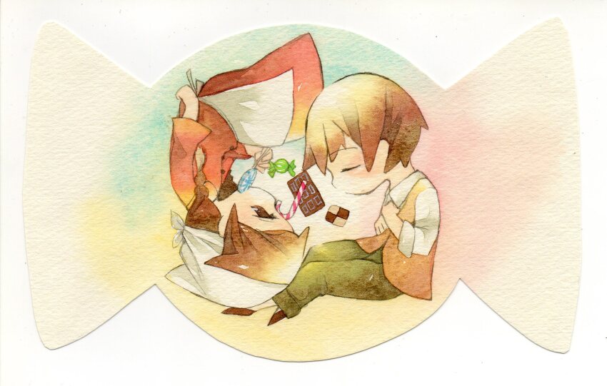 1boy, 1girl, apron, arm_up, azkrock, bandana, braid, brown_eyes