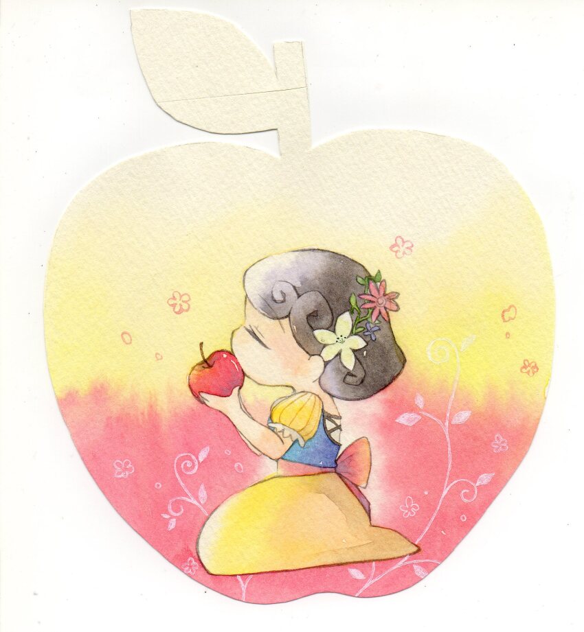 1girl, apple, azkrock, black_hair, blue_dress, blue_flower, blue_shirt, closed_eyes