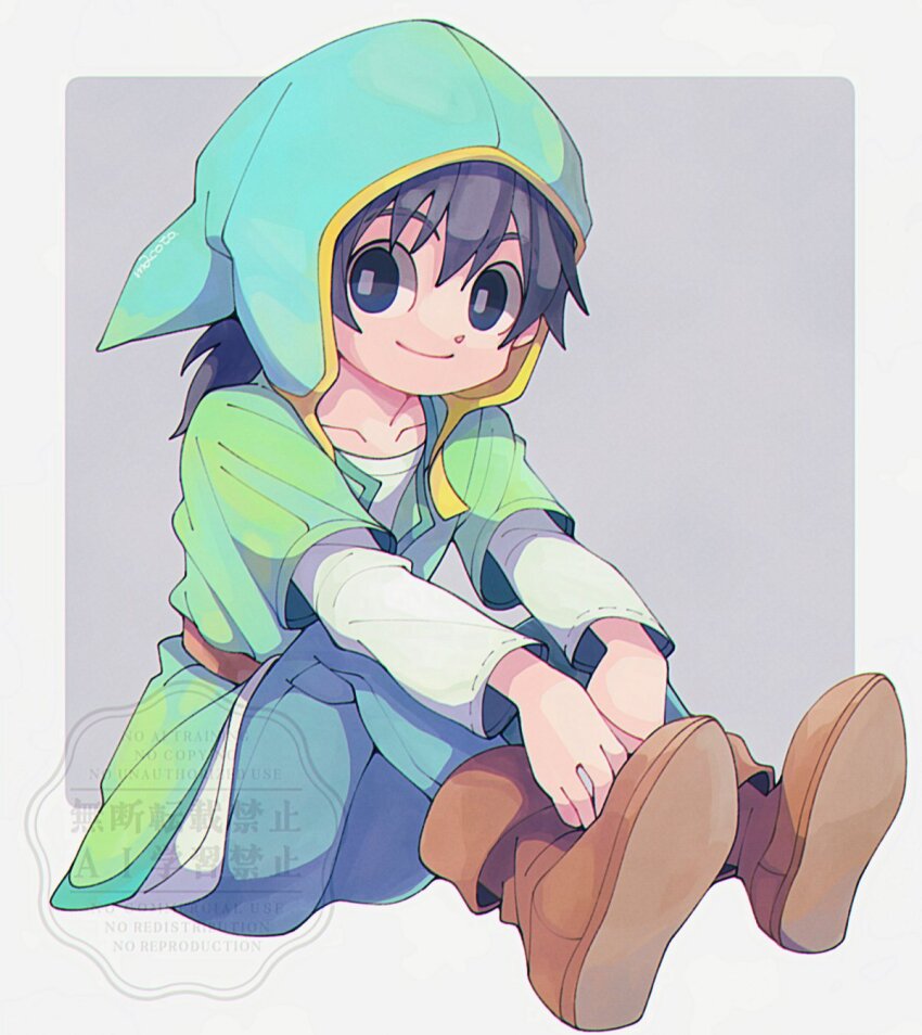 1boy, 29qmatatavi, aqua_pants, belt, black_eyes, black_hair, boots, border