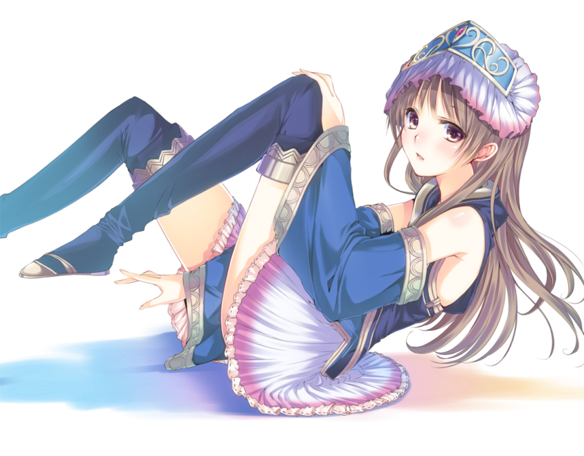 1girl, atelier_(series), atelier_meruru, bad_id, bare_shoulders, between_legs, blue_boots, blush