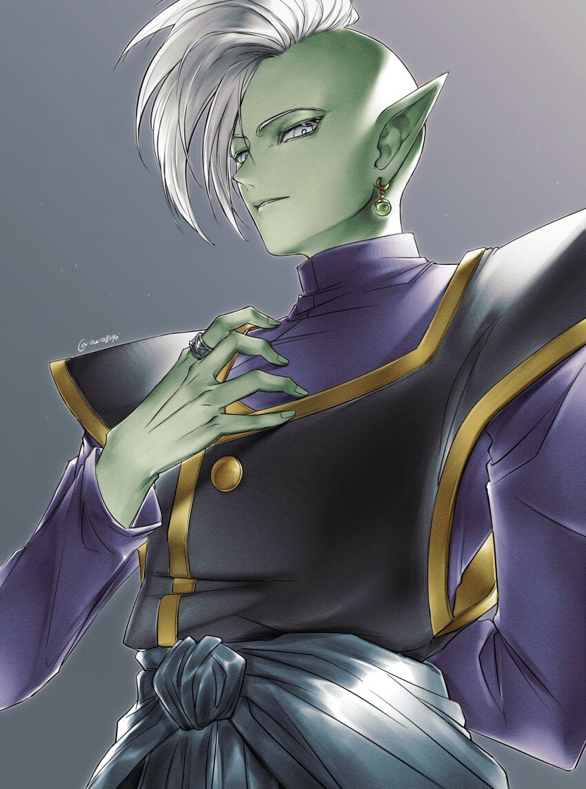 1boy, arm_behind_back, black_vest, blue_sash, bright_pupils, colored_skin, commentary, dragon_ball, dragon_ball_super, earrings, film_grain, from_below, gem, gold_trim, green_gem, green_skin, grey_background, grey_eyes, hand_on_own_chest, highres, jewelry, kaioushin, looking_at_viewer, looking_down, looking_to_the_side, male_focus, mohawk, owo8090, parted_lips, pointy_ears, potara_earrings, purple_shirt, sash, shirt, silver_ring, solo, upper_body, vest, white_pupils, zamasu