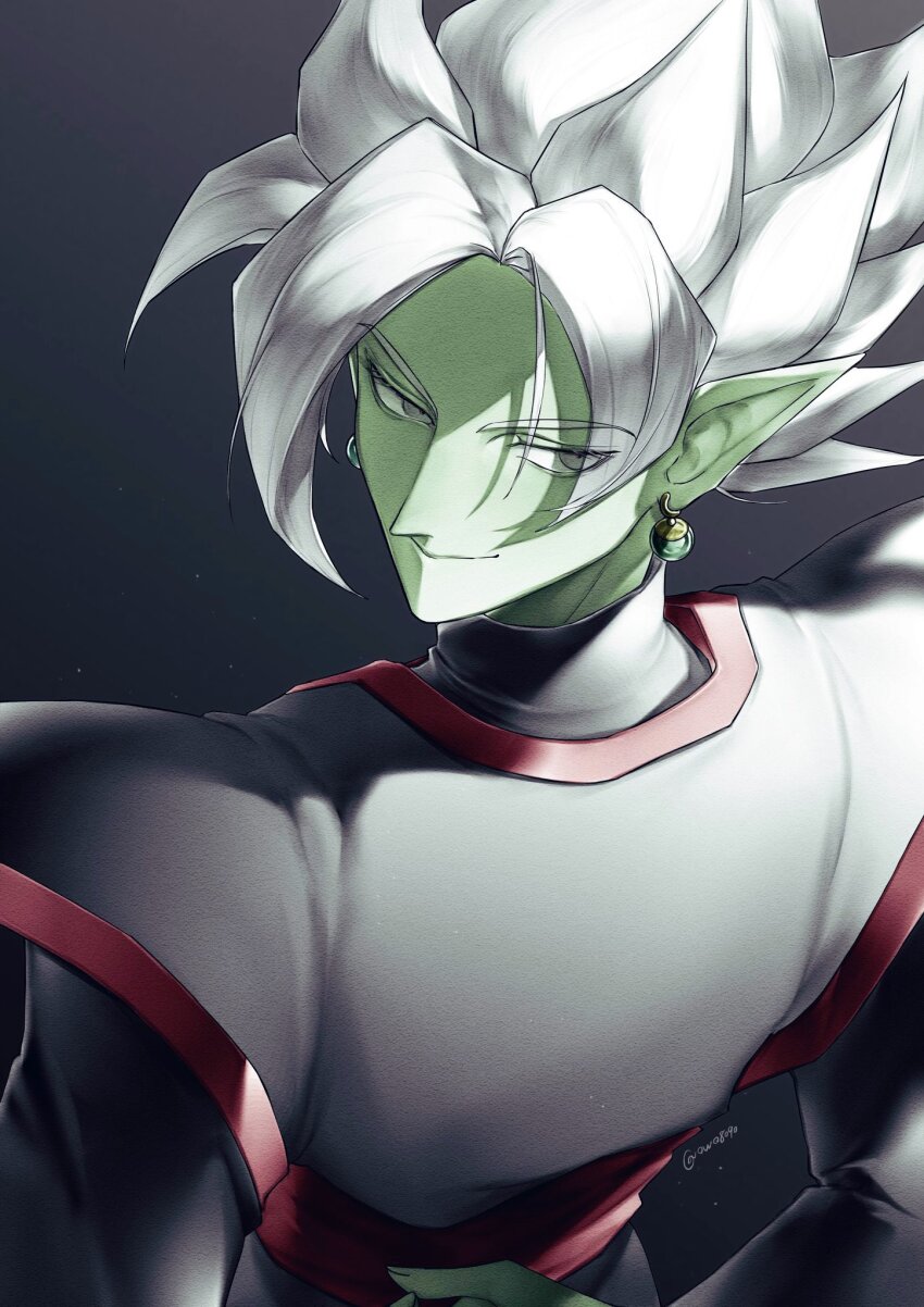 1boy, arms_behind_back, black_shirt, colored_skin, commentary_request, dragon_ball, dragon_ball_super, earrings