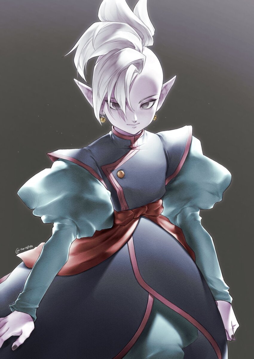 1boy, aqua_pants, aqua_shirt, black_nails, blue_vest, colored_skin, commentary_request, cowboy_shot, dragon_ball, dragonball_z, earrings, gem, grey_background, grey_eyes, highres, jewelry, juliet_sleeves, kaioushin, long_sleeves, looking_at_viewer, male_focus, mohawk, owo8090, pants, pointy_ears, potara_earrings, puffy_sleeves, purple_skin, red_sash, red_trim, sash, shin_(dragon_ball), shirt, solo, sphere_earrings, vest, white_hair, yellow_gem