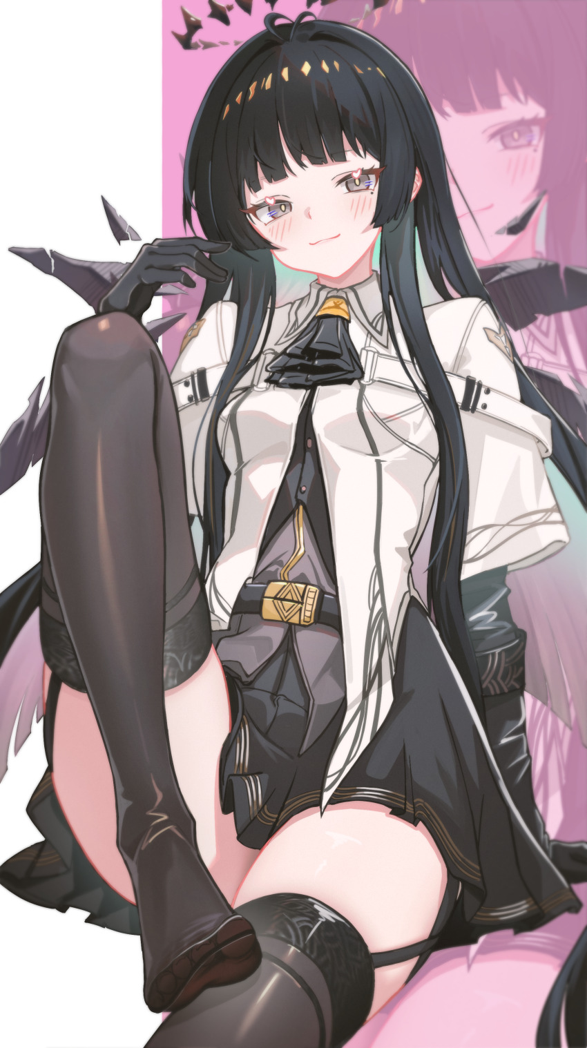 1girl, absurdres, arknights, ascot, black_ascot, black_gloves, black_hair, black_halo