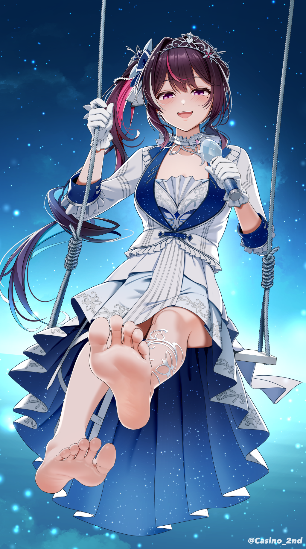 :d, azki_(dress)_(hololive), azki_(hololive), barefoot, black_hair, blue_bow, blue_dress, blue_hair, bow, casino_(casinoep), choker, colored_inner_hair, double-parted_bangs, dress, feet, foot_focus, frilled_choker, frilled_gloves, frilled_jacket, frills, gloves, gradient_hair, hair_bow, hair_intakes, hair_ornament, hairclip, high-low_dress, highres, hololive, jacket, long_hair, looking_at_viewer, mole, mole_under_eye, multicolored_hair, official_alternate_costume, official_alternate_hairstyle, open_mouth, pink_hair, pleated_dress, purple_eyes, side_ponytail, sleeve_cuffs, smile, soles, streaked_hair, three-quarter_sleeves, tiara, tilted_headwear, toes, two-sided_dress, two-sided_fabric, very_long_hair, virtual_youtuber, white_bow, white_choker, white_dress, white_gloves, white_hair, white_jacket