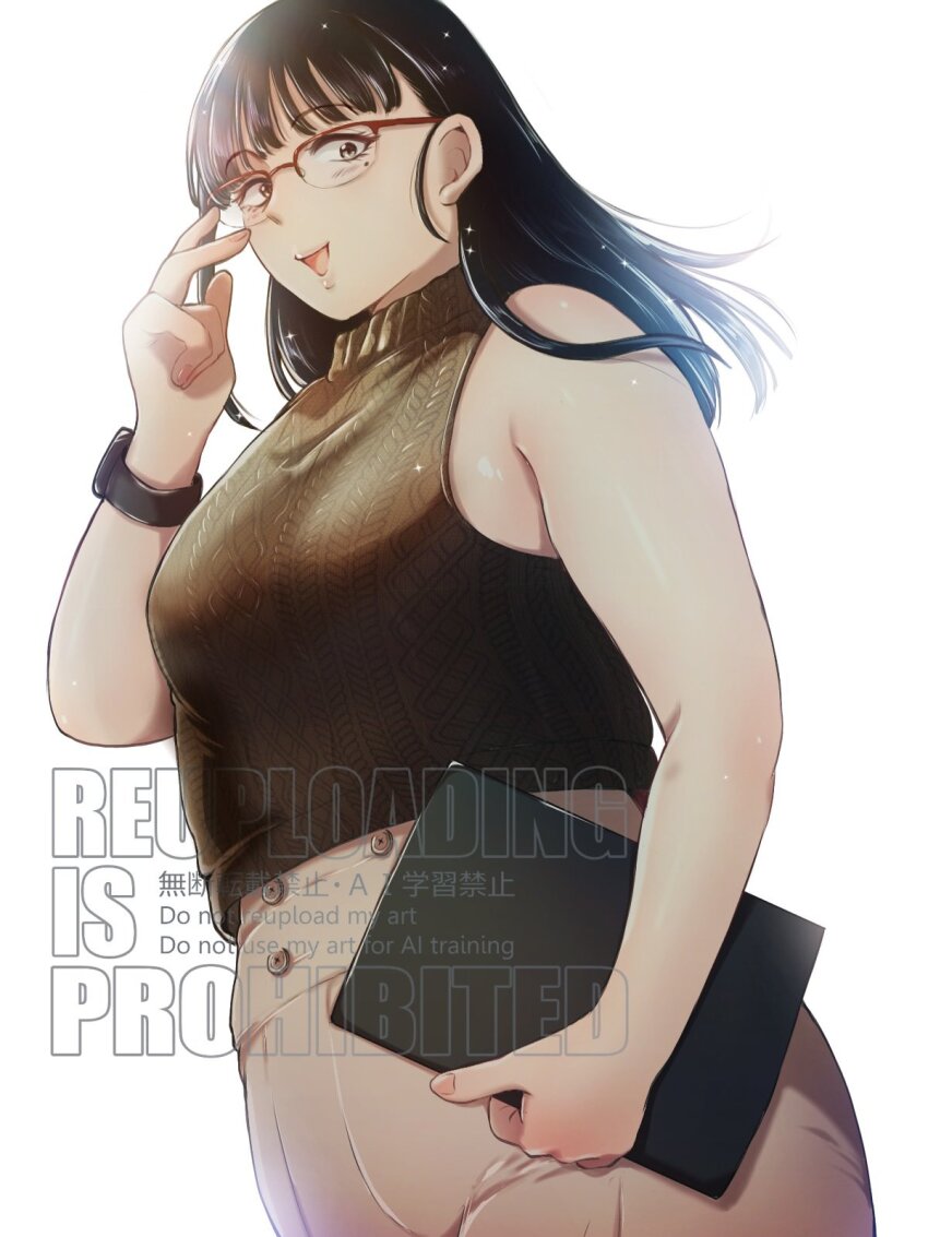 1girl, :d, agawa_minako, bare_arms, bare_shoulders, black_hair, breasts, brown_sweater, commentary, glasses, hand_up, highres, kiyowa1001, long_hair, looking_at_viewer, medium_breasts, mole, mole_under_eye, open_mouth, pants, plump, red-framed_eyewear, simple_background, sleeveless, sleeveless_sweater, sleeveless_turtleneck, smile, solo, sankyuu_pitch, sweater, turtleneck, turtleneck_sweater, watch, watermark, white_background, wispy_bangs, wristwatch