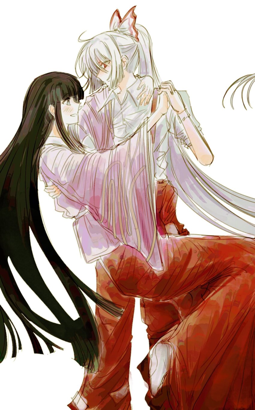 2girls, black_hair, bow, dancing, earth_move1123, fujiwara_no_mokou, hair_bow, highres, holding_hands, houraisan_kaguya, japanese_clothes, kimono, long_hair, looking_at_another, multiple_girls, pants, pink_kimono, red_eyes, red_pants, red_skirt, shirt, simple_background, skirt, smile, suspender_pants, touhou, white_background, white_hair, white_shirt