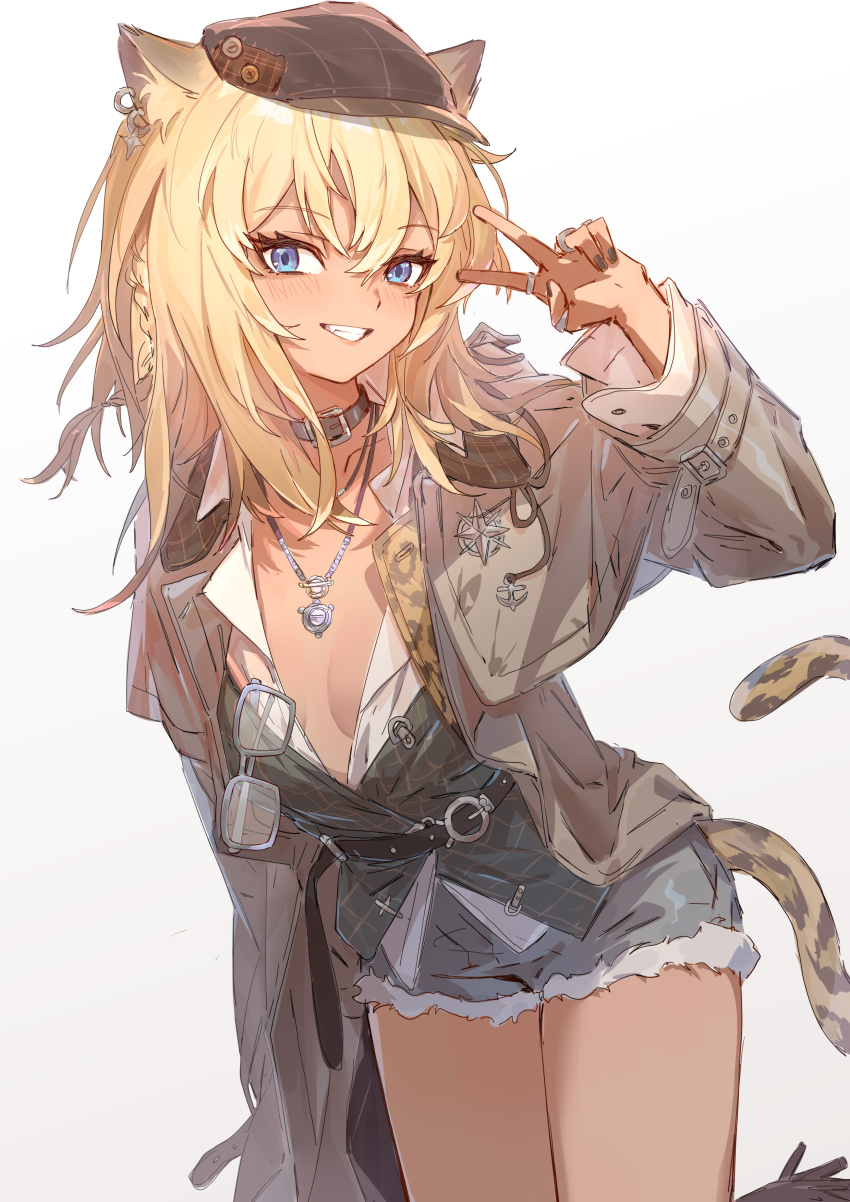 1girl, :d, absurdres, animal_ears, arknights, arm_up, belt, belt_buckle