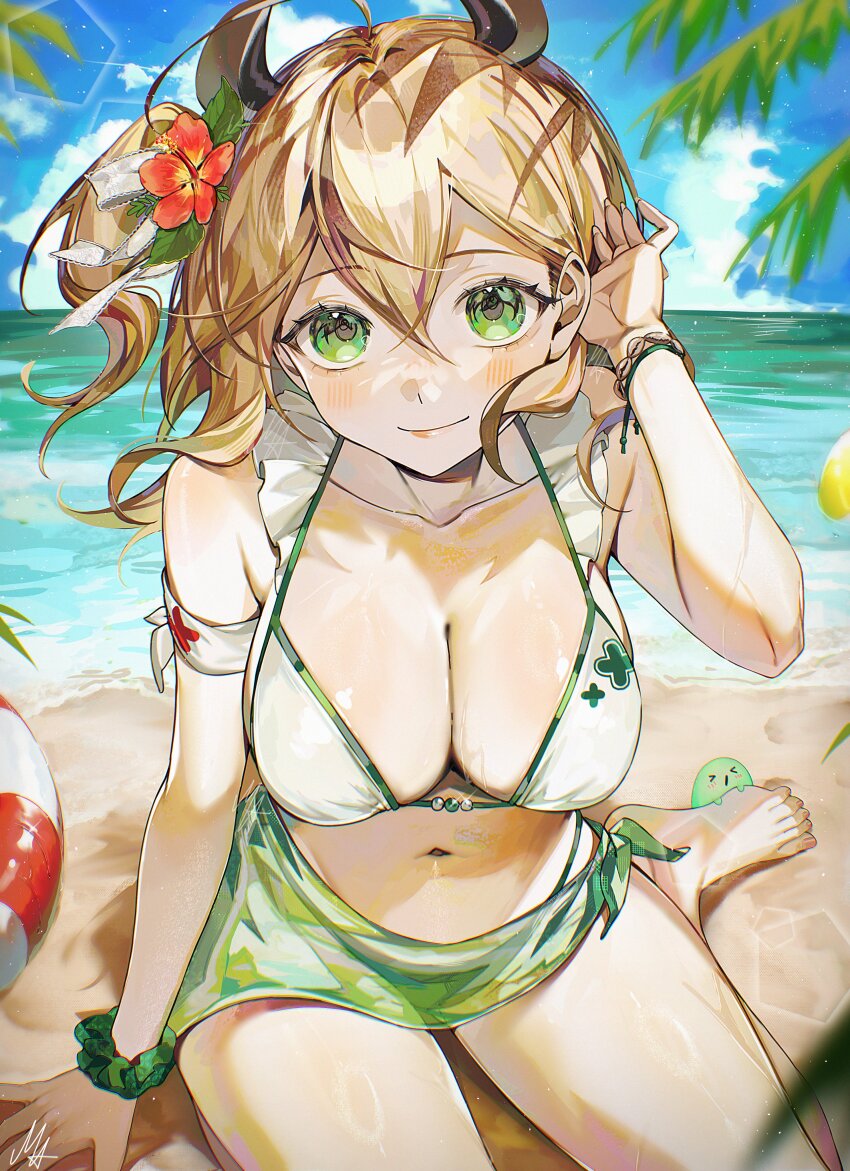 1girl, absurdres, adjusting_hair, ani_019, animal_ears, armband, beach, bikini