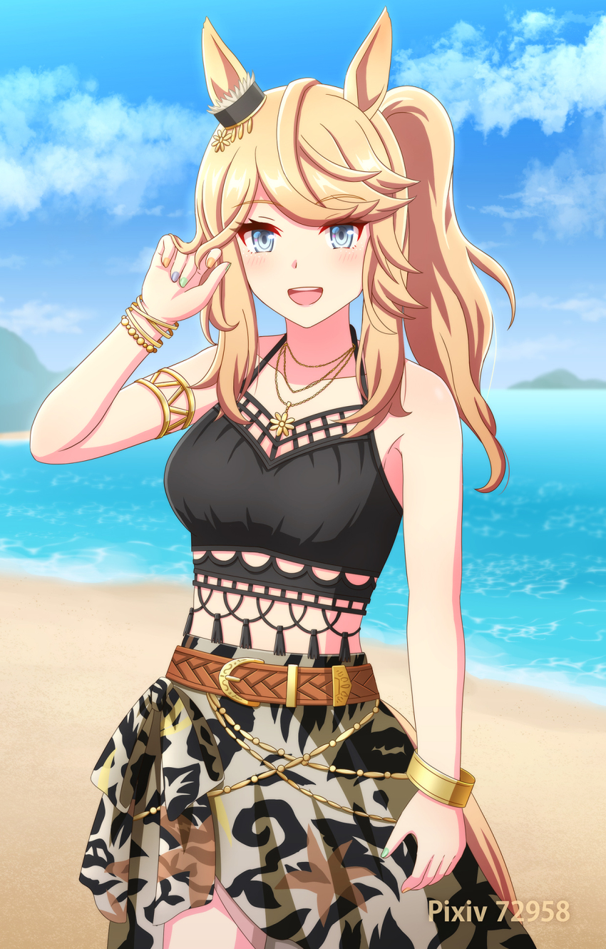 1girl, animal_ears, arm_at_side, armlet, belt, bikini, black_bikini, blonde_hair