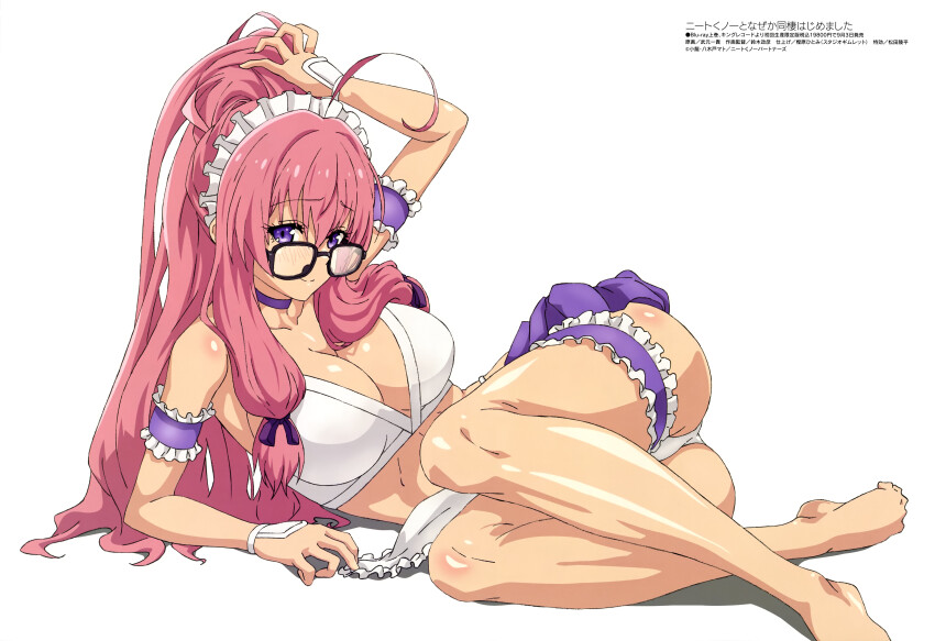 1girl, absurdres, ahoge, apron, arm_up, ass, breasts, choker