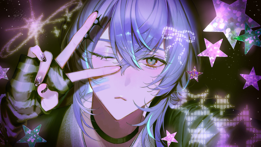 1boy, alternate_costume, arm_warmers, black_arm_warmers, black_background, black_choker, black_nails, black_shirt