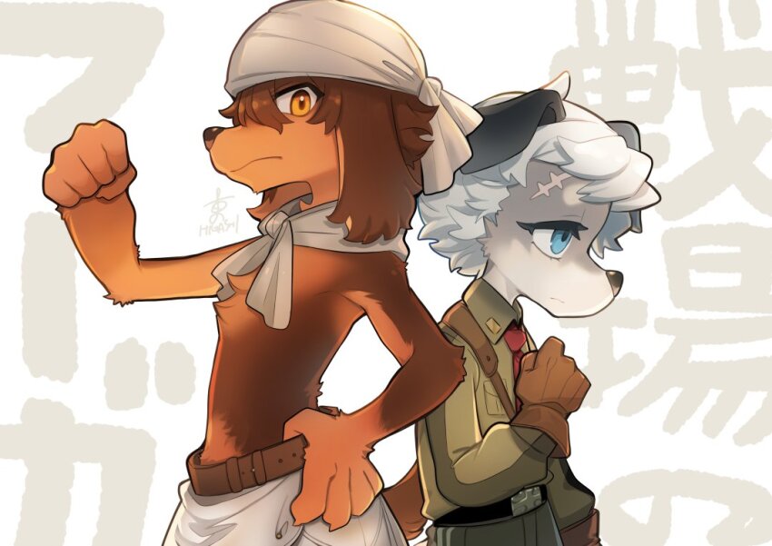 2boys, animal_ears, artist_name, bandana, britz_strudel, brown_gloves, claws, clenched_hand