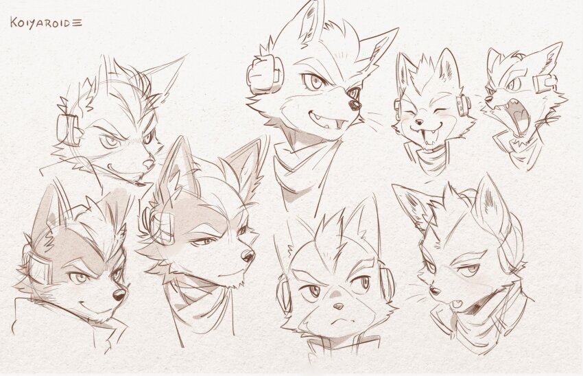 1boy, animal_ears, artist_name, closed_eyes, closed_mouth, commentary, english_commentary, fangs, fox_boy, fox_ears, fox_mccloud, furry, furry_male, head_only, highres, koiyaroid, looking_to_the_side, male_focus, multiple_views, nintendo, open_mouth, scouter, sketch, smile, star_fox, whiskers