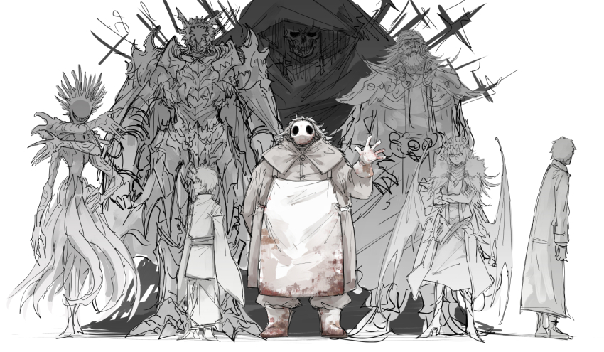 1girl, 6+boys, apron, beard, blood, blood_on_clothes, blot_plot, boots, butcher, cloak, commentary_request, crossed_arms, facial_hair, greyscale, grin, height_difference, hood, hood_up, hooded_cloak, hyuba_(kankan33333), jemiru_(kankan33333), kankan33333, karune_(kankan33333), long_hair, looking_at_viewer, looking_to_the_side, mask, monochrome, monster, monster_boy, monster_girl, multiple_boys, original, short_hair, simple_background, sketch, skull, smile, spot_color, standing, waving, white_background