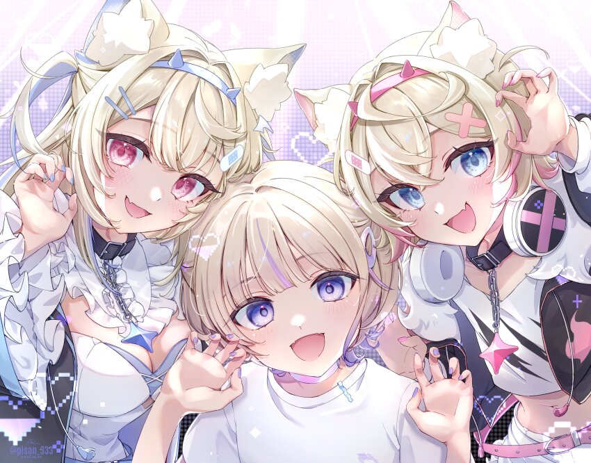 3girls, absurdres, animal_ear_fluff, animal_ears, blonde_hair, blue_eyes, blue_hair, blush
