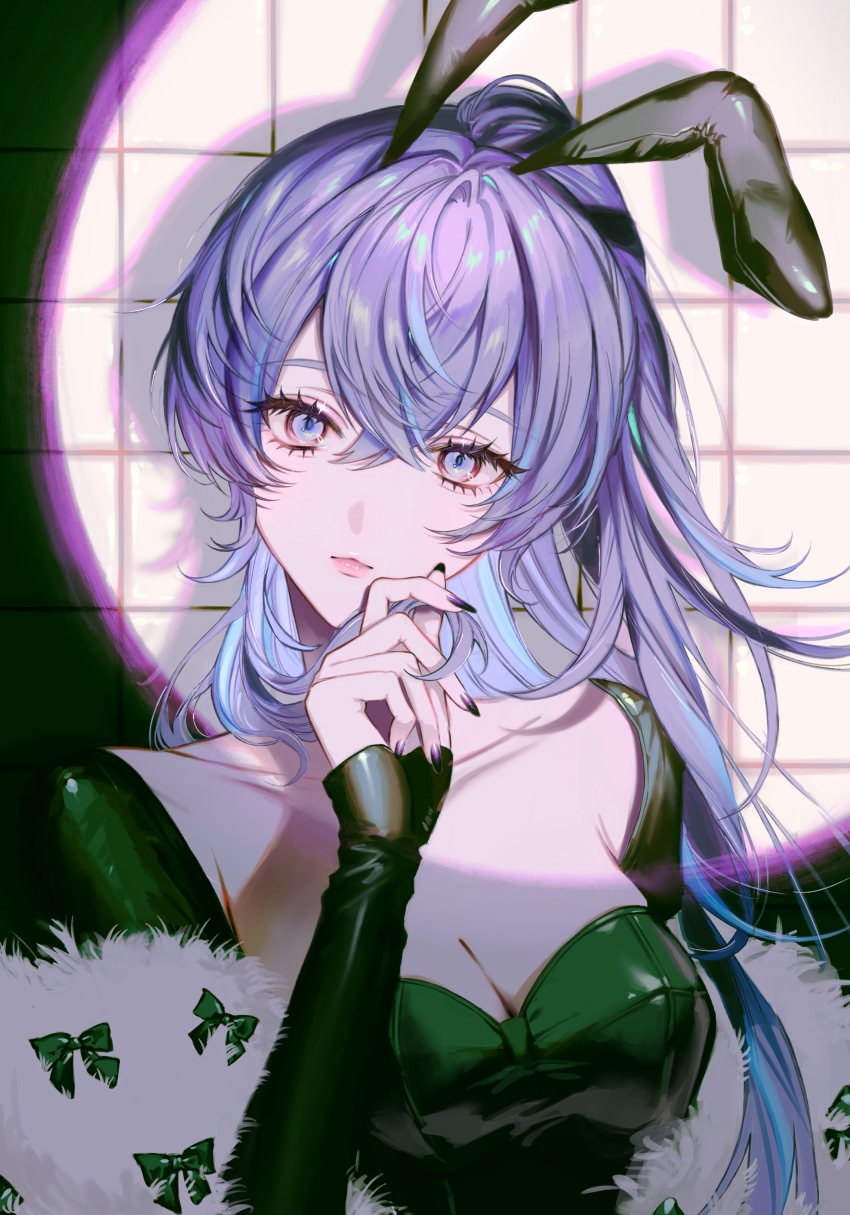 1girl, absurdres, alternate_costume, animal_ears, black_leotard, black_nails, blue_hair, breasts