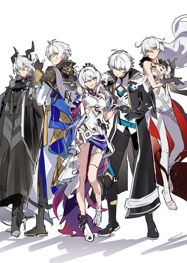 2boys, 3girls, ahoge, bare_legs, black_cloak, black_horns, black_jacket, black_pants