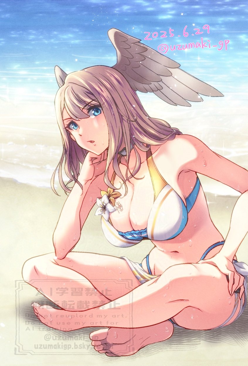 1girl, bare_shoulders, barefoot, beach, bikini, blue_bikini, breasts, brown_hair