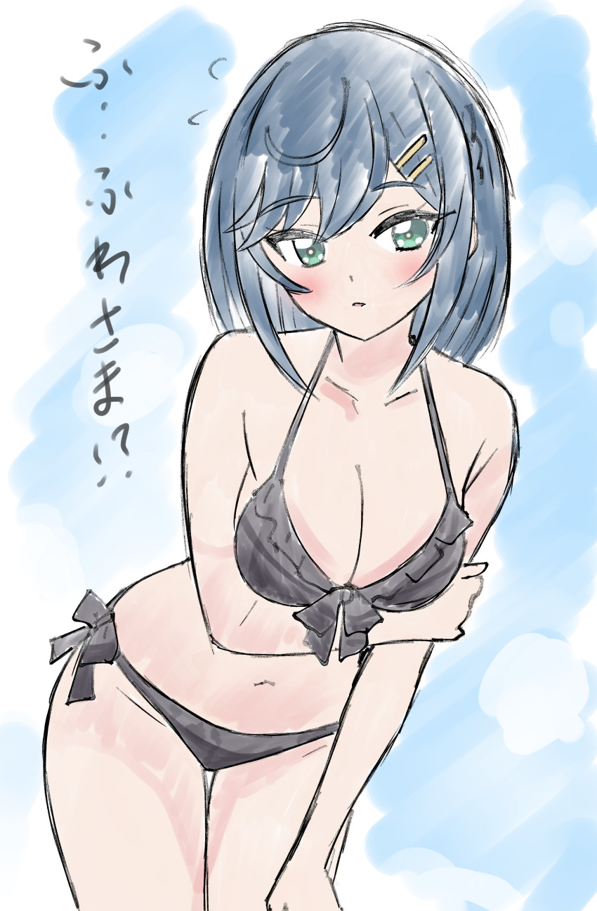 1girl, absurdres, bare_arms, bikini, black_bikini, blue_hair, blush, breasts