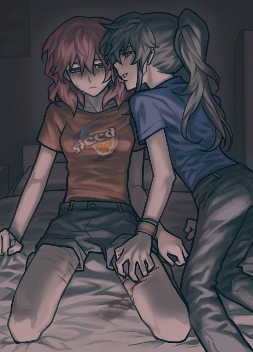 2girls, ari_(class_of_09), artist_request, bad_link, bad_twitter_link, bed_sheet, black_hair, bleeding