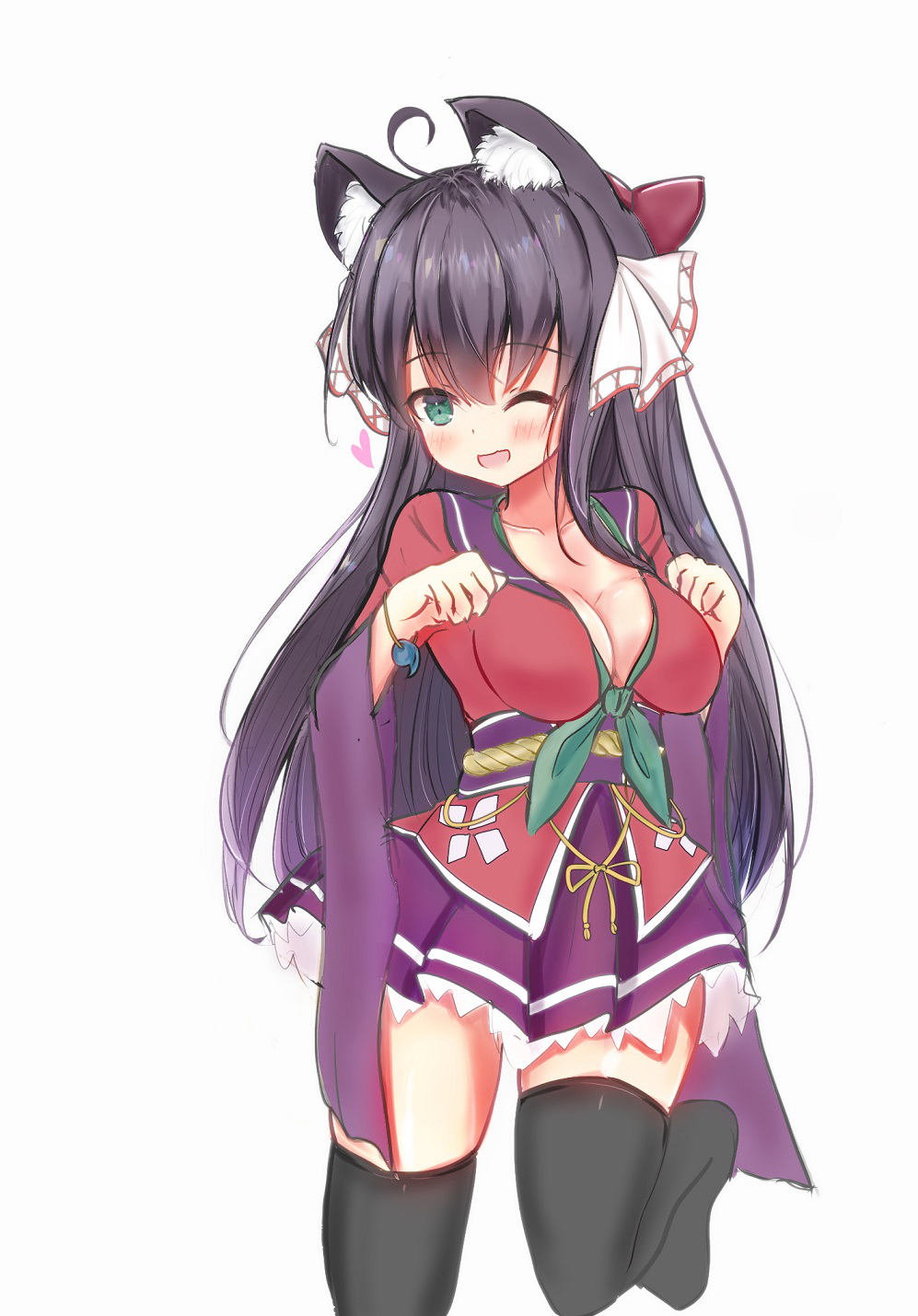 ahoge, animal_ears, ankuru_(ankle_art2), black_hair, black_thighhighs, breasts, cleavage, dress