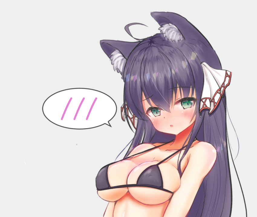 ahoge, animal_ears, ankuru_(ankle_art2), bikini, black_bikini, black_hair, breasts, emil_chronicle_online