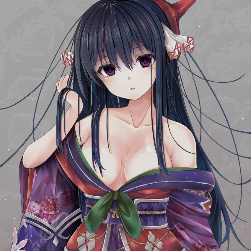 black_hair, breasts, emil_chronicle_online, empty_eyes, hair_ornament, highres, japanese_clothes, kimono