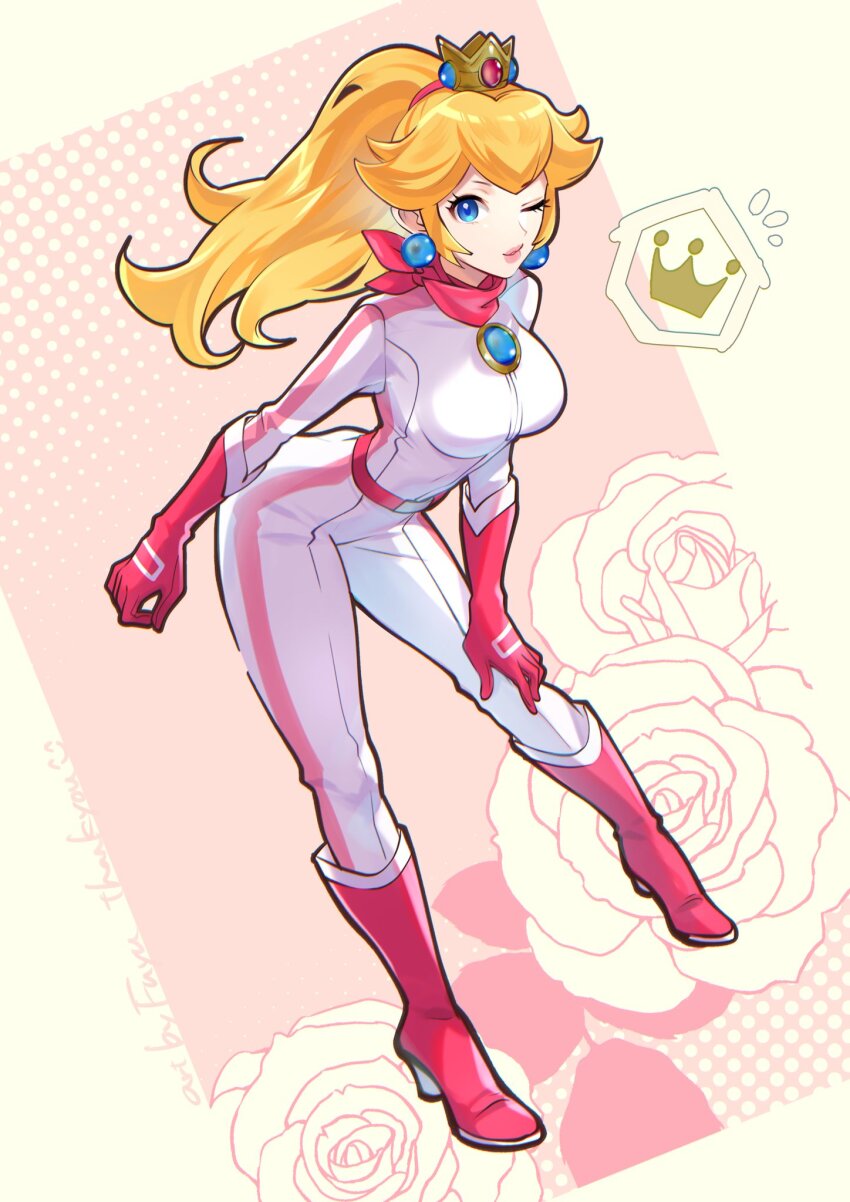 1girl, bandana, biker_clothes, biker_peach, bikesuit, blonde_hair, blue_eyes, bodysuit, boots, breasts, closed_mouth, crown, earrings, gloves, highres, jewelry, large_breasts, long_hair, looking_at_viewer, mario_(series), mario_kart, mario_kart_world, nintendo, official_alternate_costume, one_eye_closed, pink_bandana, pink_bodysuit, pink_gloves, pink_lips, pink_scarf, ponytail, princess_peach, racing_suit, rakugakifuyu, scarf, smile, solo, sphere_earrings
