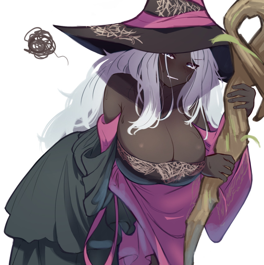 1girl, bare_shoulders, black_dress, black_skin, breasts, cleavage, colored_skin, dark-skinned_female, dark_skin, dress, elden_ring, elden_ring_nightreign, hat, highres, holding, huge_breasts, large_breasts, large_hat, long_hair, looking_at_viewer, purple_hat, recluse_(elden_ring), simple_background, solo, very_dark_skin, vinsycal, white_hair, witch, witch_hat