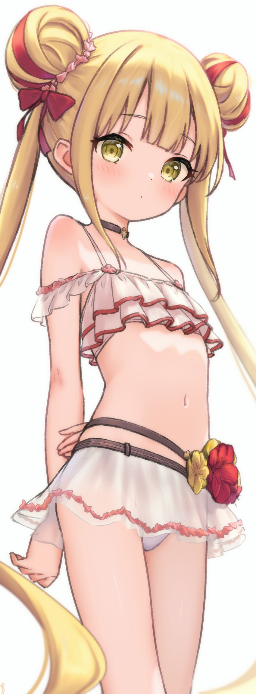 1girl, absurdres, bare_arms, bare_shoulders, bikini, bikini_skirt, blonde_hair, closed_mouth